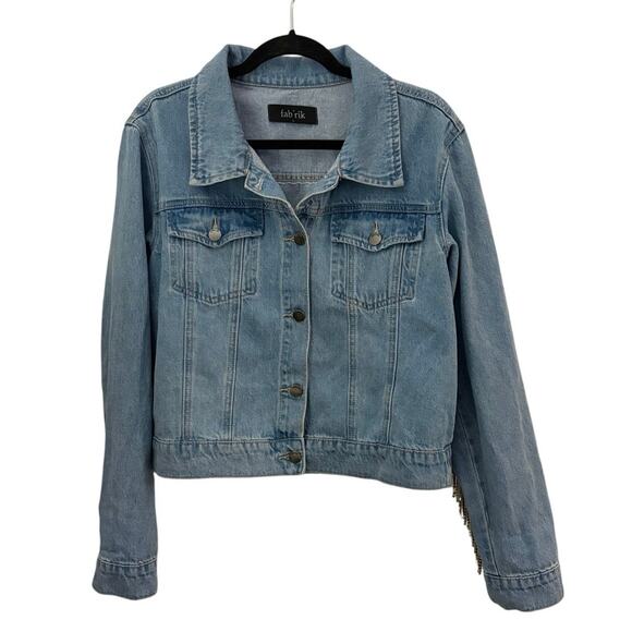 Fab’rik Denim Jean Jacket L Rhinestone Fringe Western Country Festival Sparkly - Picture 3 of 11